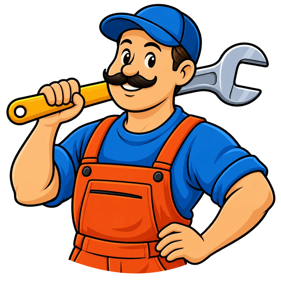 Easy Tow’s friendly mechanic mascot, wearing a blue cap and orange overalls and carrying a wrench
